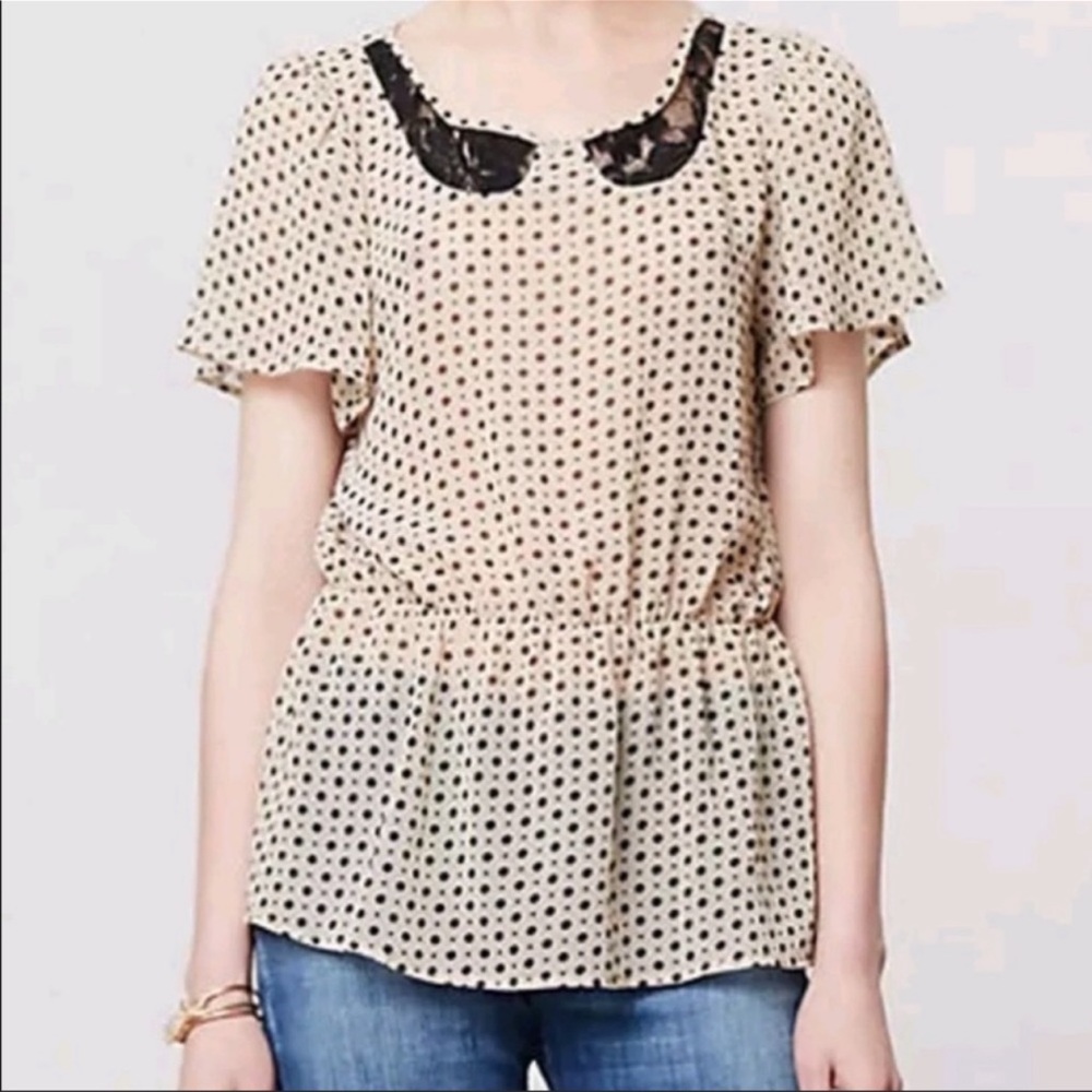 ANTHROPOLOGIE B Vintage Polka Dot Blouse Lace XS
